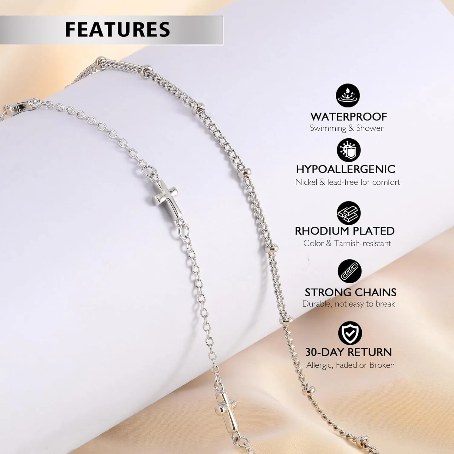 Anklets for Women 18K Gold Silver Plated Ankle Bracelets Waterproof Beaded Chain Dainty Layered Summer Beach Foot Jewelry Adjustable 2Pcs
