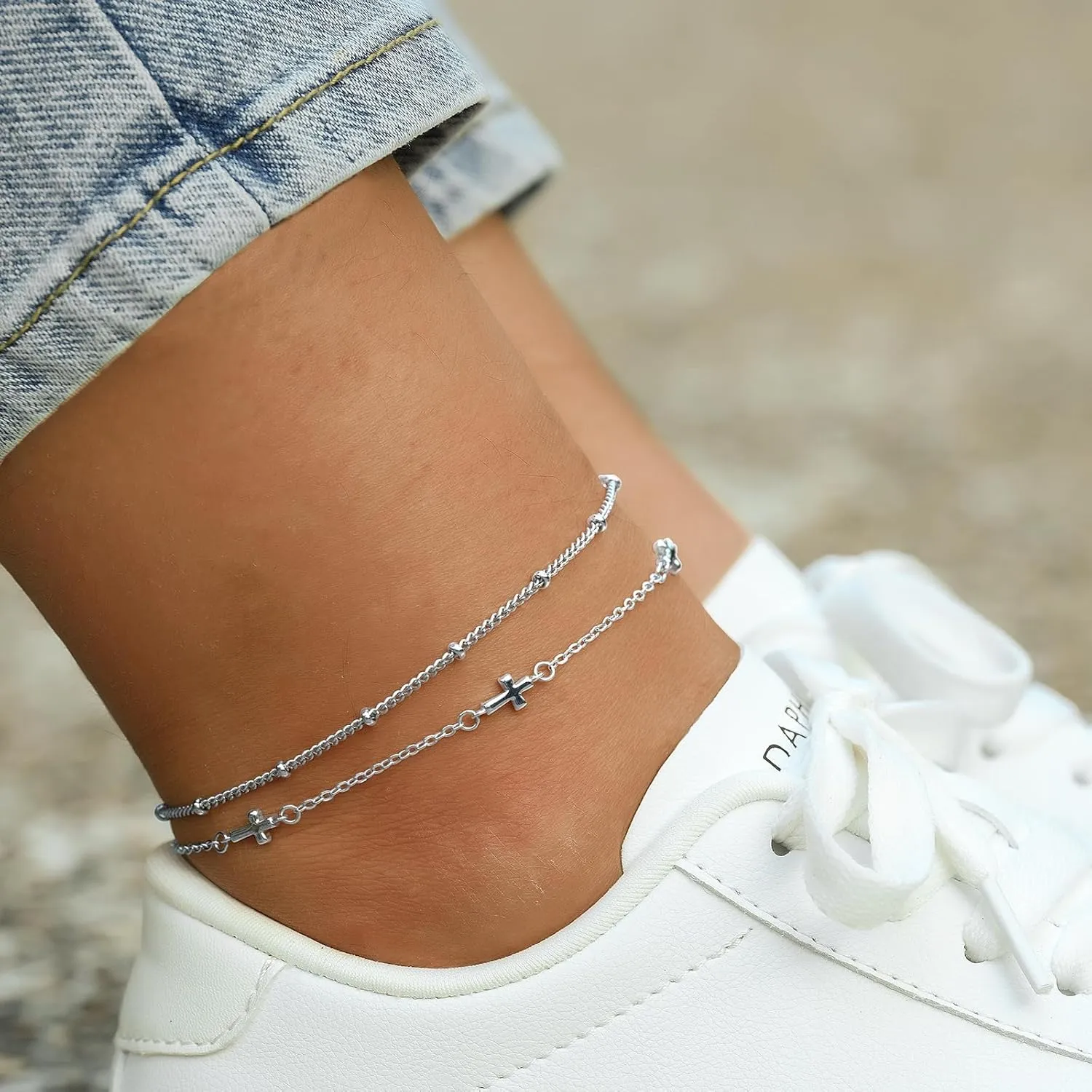 Anklets for Women 18K Gold Silver Plated Ankle Bracelets Waterproof Beaded Chain Dainty Layered Summer Beach Foot Jewelry Adjustable 2Pcs