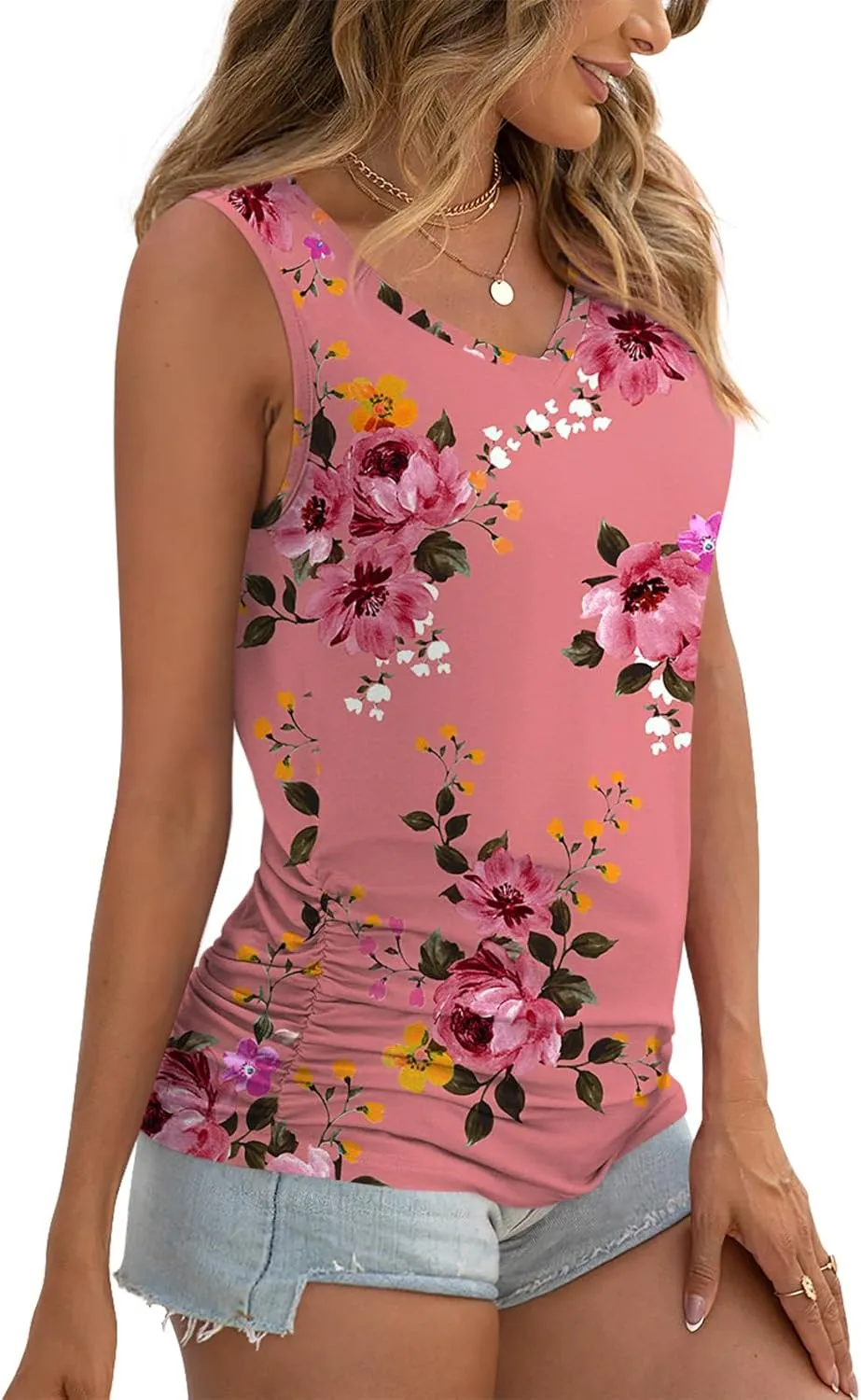 Anydoll Womens Tank Tops Summer V Neck Sleeveleeve Shirts Casual Ruched Tunics