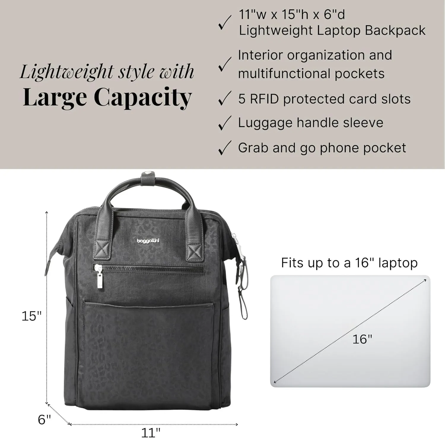 Baggallini Soho Backpack Black Cheetah