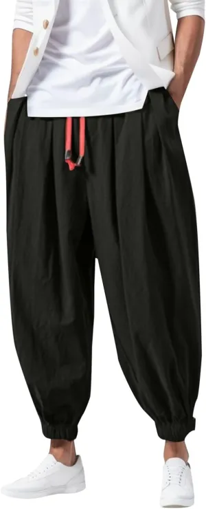 Baggy Pants Men Hip Hop Summer Casual Tapered Harem Pants Hippie Vintage Drawstring Breathable Plus Size Drop Crotch Trousers