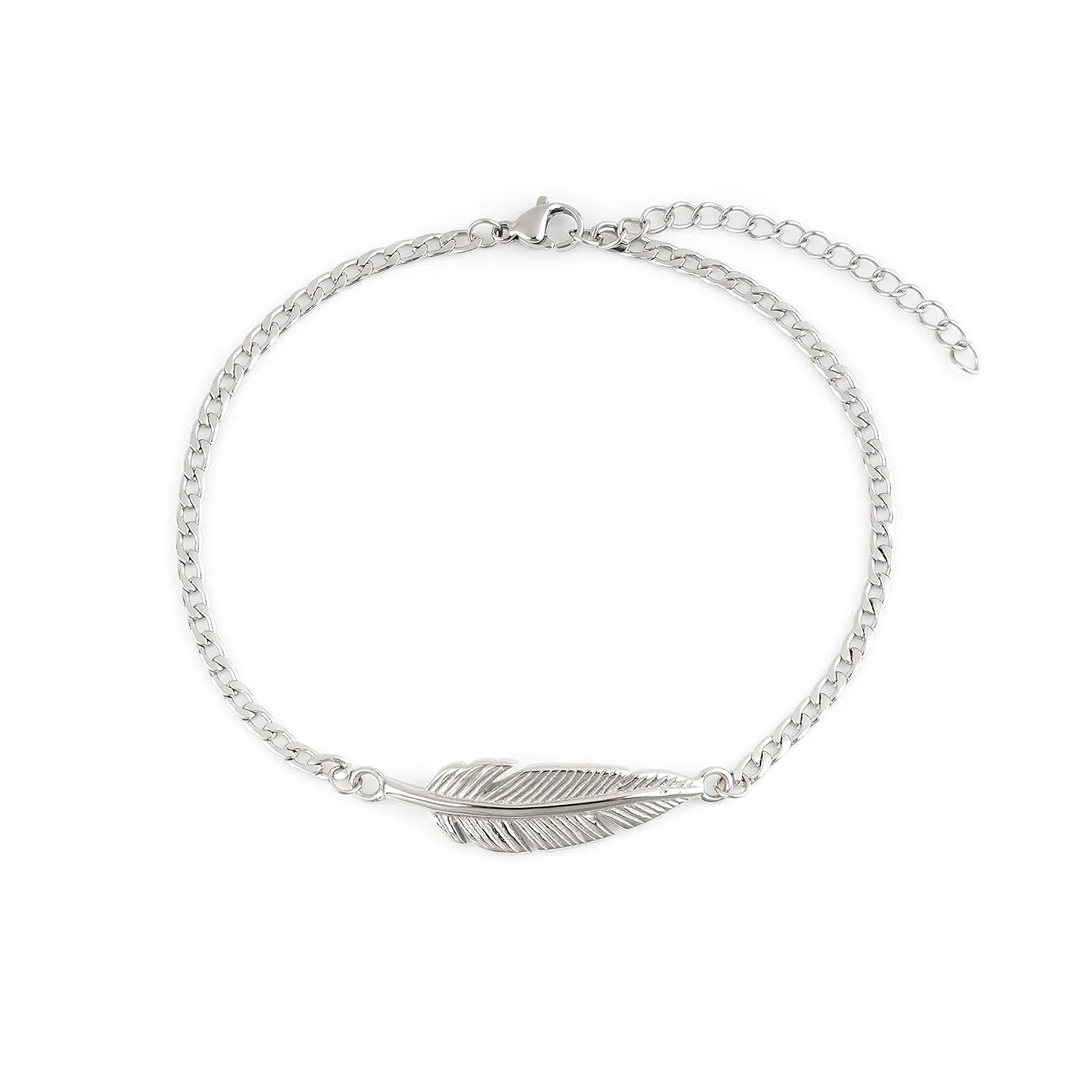 Baronyka Men's Handcrafted Anklet, Wax Cord, Stainless Steel, Adjustable Length, Durable for Everyday Wear and Modern Look (Silver Feather)