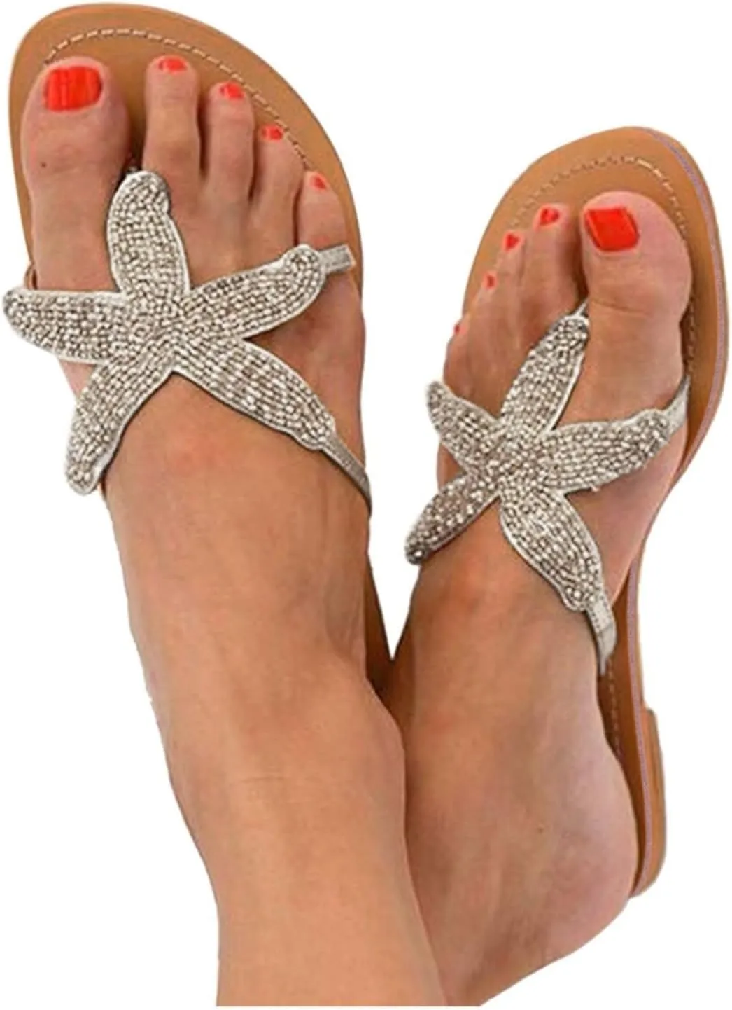 Beach Sandals for Woman Orthopedic Clip Toe Flat Slippers Lightweight Anti Slip Casual Slippers Cute Starfish Shower Beach Pool Bathroom Flat Slides Shoes