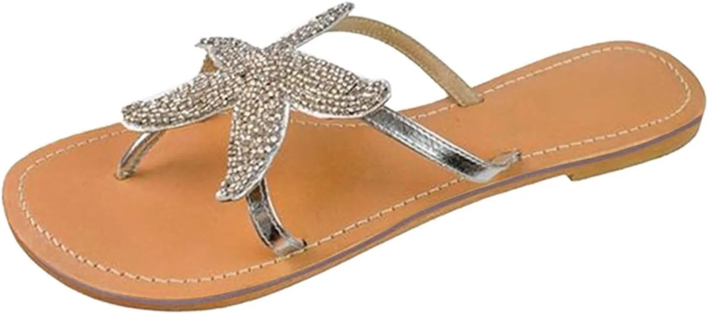 Beach Sandals for Woman Orthopedic Clip Toe Flat Slippers Lightweight Anti Slip Casual Slippers Cute Starfish Shower Beach Pool Bathroom Flat Slides Shoes