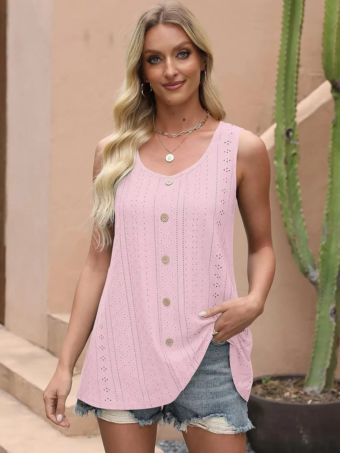 BELAROI Womens Plus Size Tank Tops Summer Tshirts Sleeveless Casual Scoop Neck Button Loose Fit 1X-5X