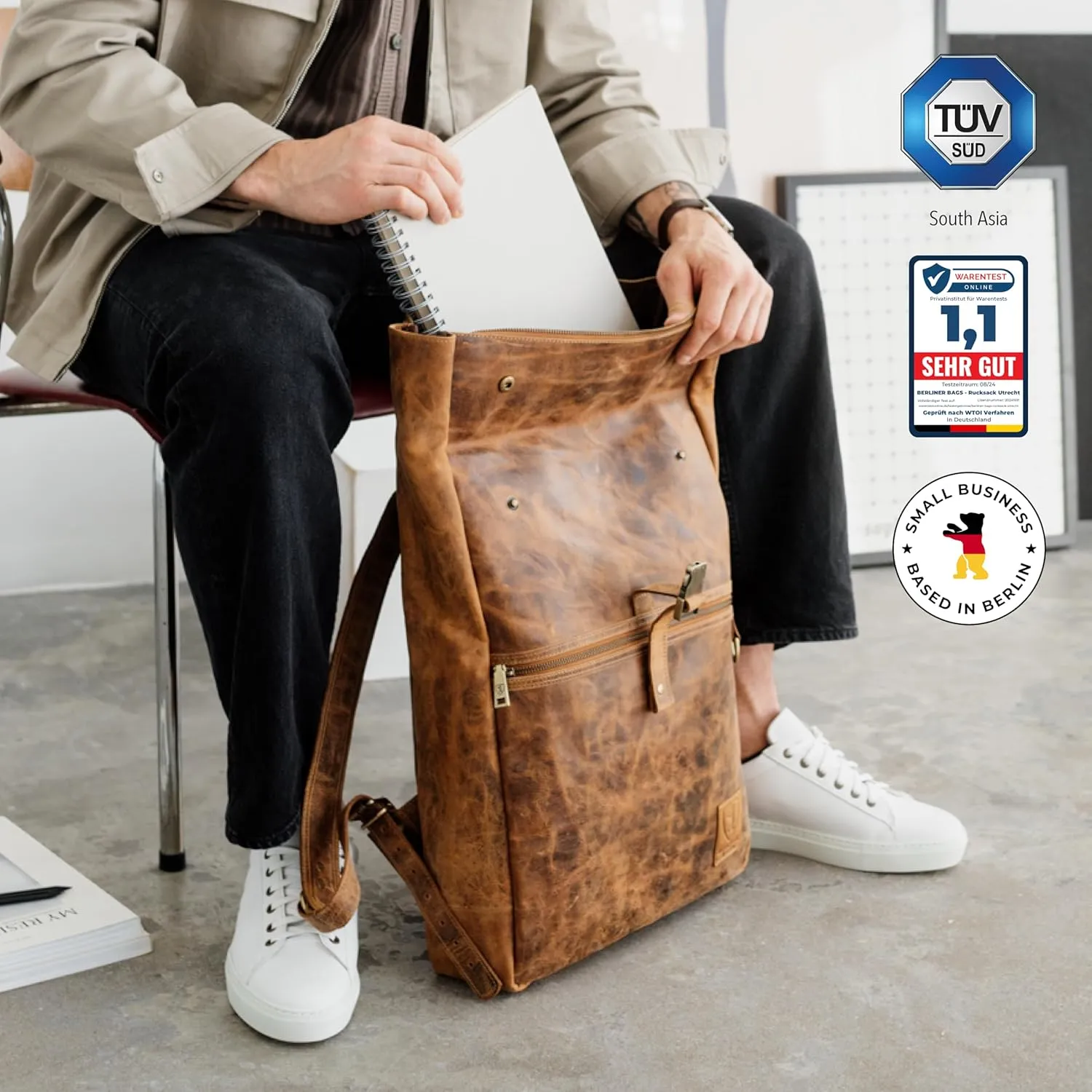 BERLINER BAGS Vintage Genuine Leather Backpack Utrecht XL, Laptop Backpack, Travel Backpack for Women and Men - Brown