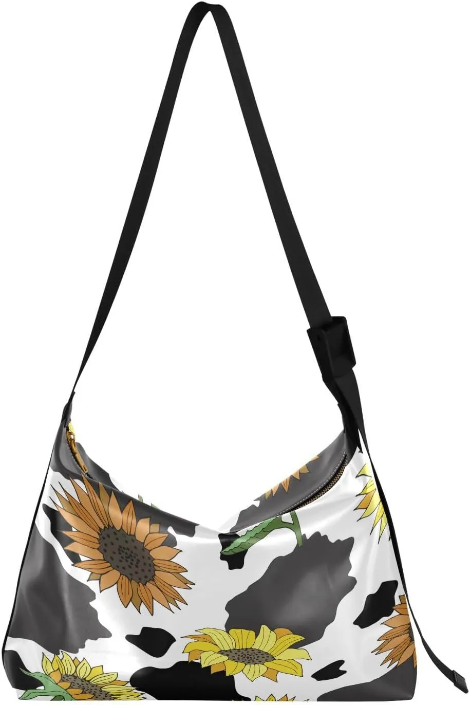 Black White Cow Print Hobo Crossbody Bags for Women Leather Large Shoulder Bag Cross Body Sunflowers Pattern Trendy Womens Tote Bags Handbag for Travel Shopping