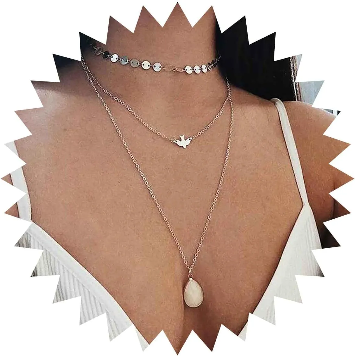 Boho Layered Gemstone Teardrop Necklace Gold Peace Dove Pendant Necklaces Vintage Sequins Choker Necklace Multilayered Coin Waterdrop Chain Necklaces Jewelry for Women
