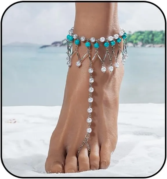 Boho Toe Ring Anklet Bracelet for women Starfish Seahorse Anklet Fashionable Pearl Bead Elastic Ankle Ring Bracelet Layered foot Waterproof bracelet Bohemian Beach Party Holiday Foot Jewelry