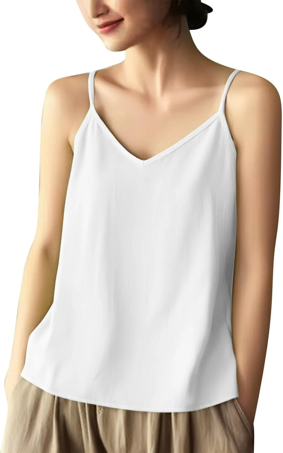 Borniu Women's Lightweight Cotton Linen Camisole Tank Tops Elegant Spaghetti Strap V Neck Loose Lightweight Shirts Tees