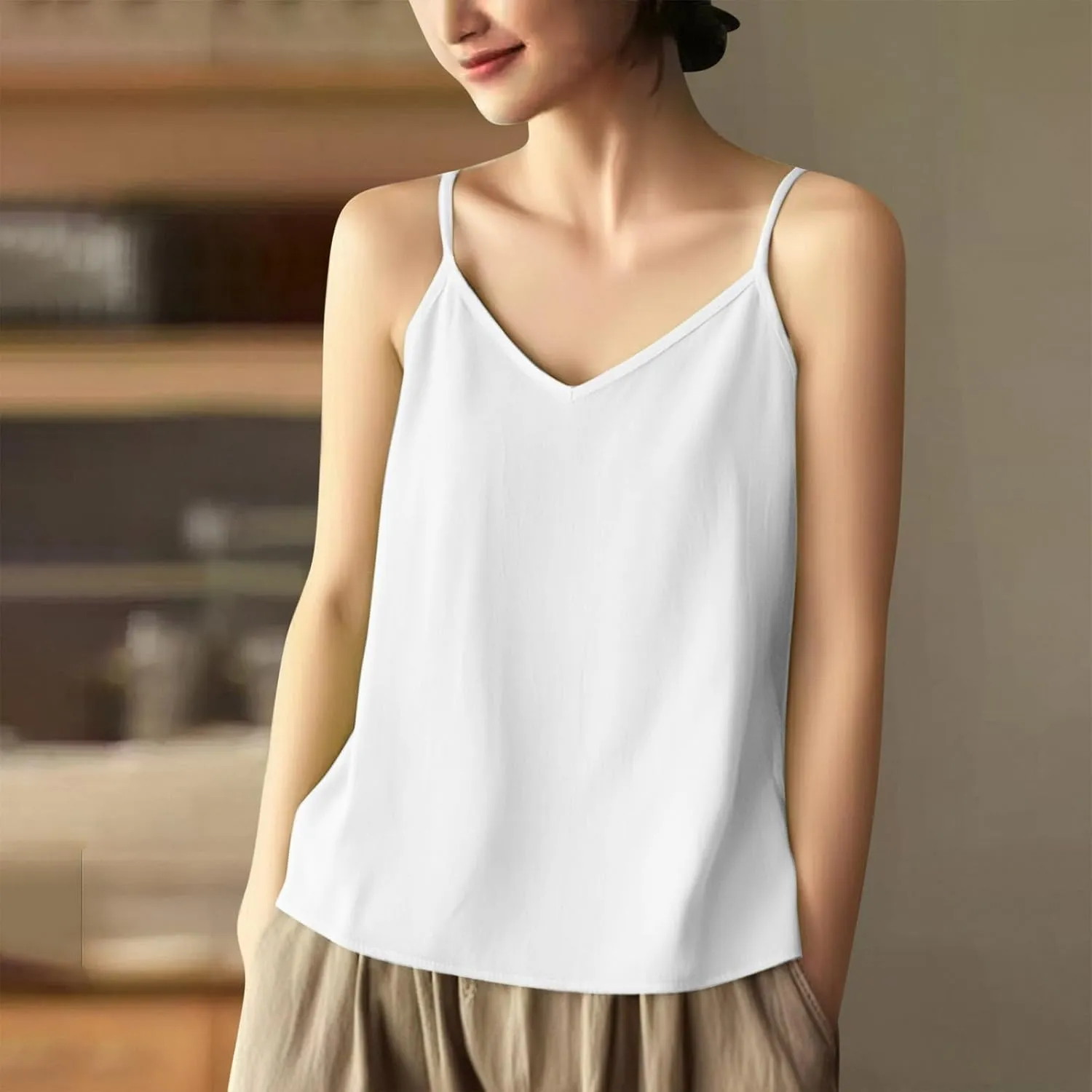 Borniu Women's Lightweight Cotton Linen Camisole Tank Tops Elegant Spaghetti Strap V Neck Loose Lightweight Shirts Tees