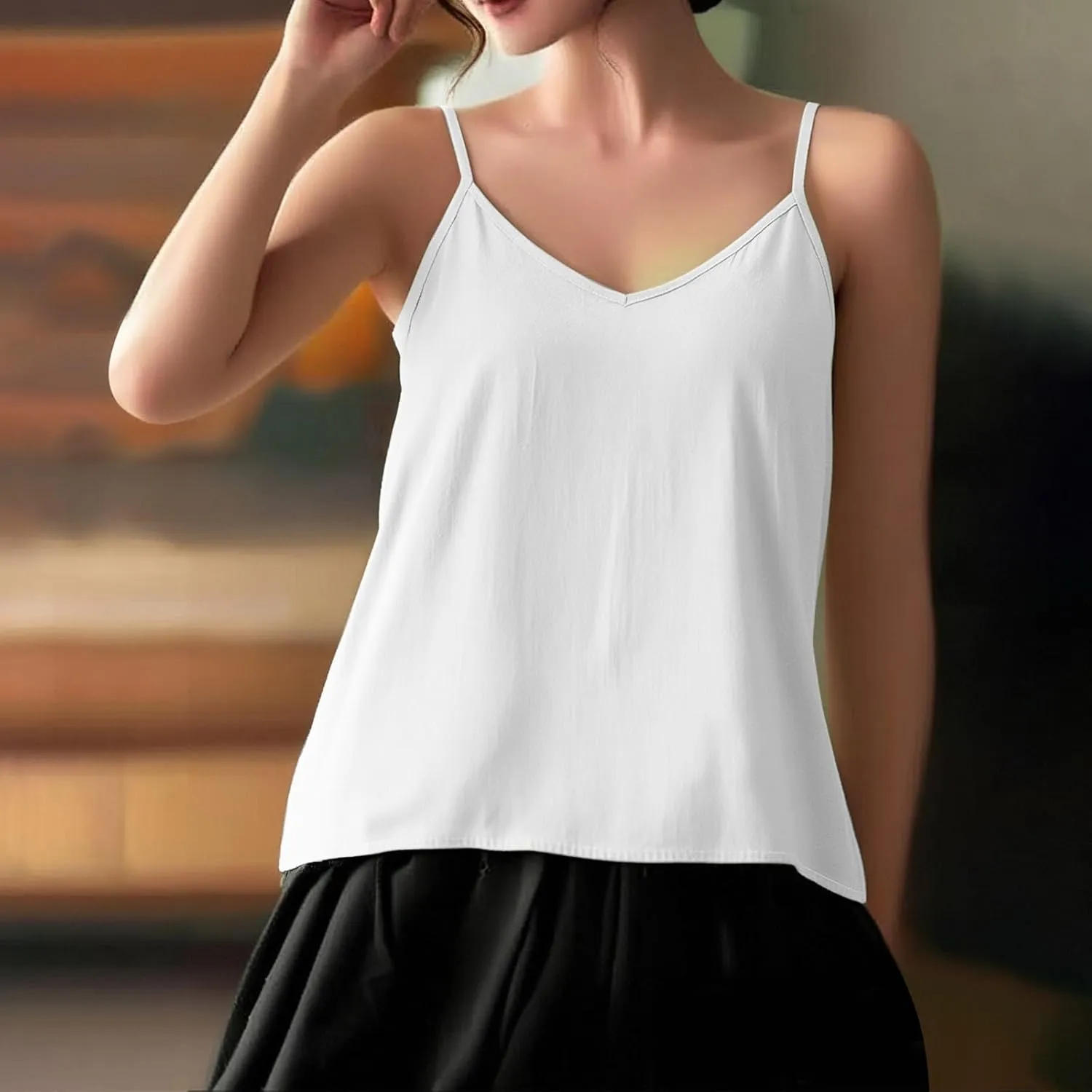 Borniu Women's Lightweight Cotton Linen Camisole Tank Tops Elegant Spaghetti Strap V Neck Loose Lightweight Shirts Tees