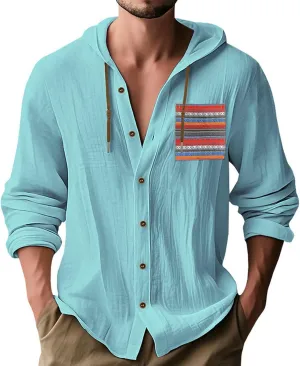 Button Down Shirts Men Funny Boho Print Long Sleeve Cotton Hoodies Lightweight Casual Beach Vacation Hawaiian Tee Top
