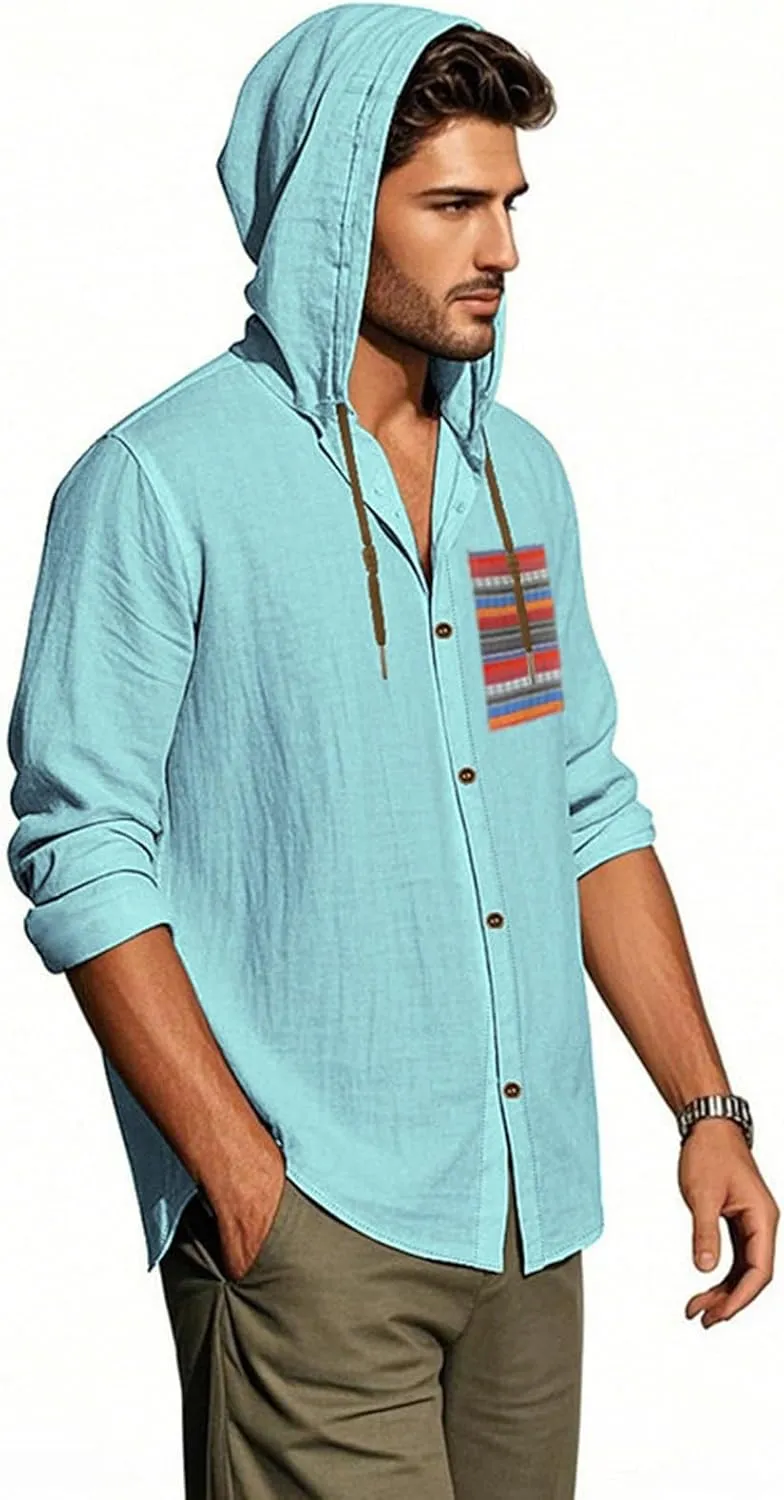 Button Down Shirts Men Funny Boho Print Long Sleeve Cotton Hoodies Lightweight Casual Beach Vacation Hawaiian Tee Top