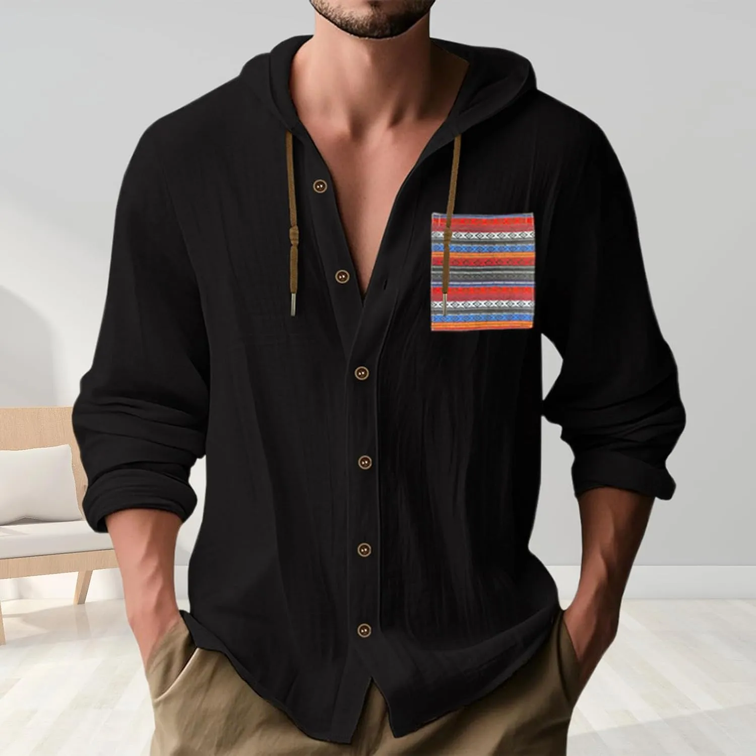 Button Down Shirts Men Funny Boho Print Long Sleeve Cotton Hoodies Lightweight Casual Beach Vacation Hawaiian Tee Top