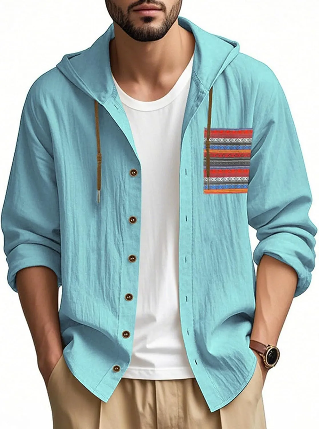Button Down Shirts Men Funny Boho Print Long Sleeve Cotton Hoodies Lightweight Casual Beach Vacation Hawaiian Tee Top