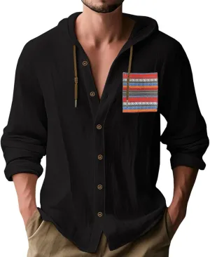 Button Down Shirts Men Funny Boho Print Long Sleeve Cotton Hoodies Lightweight Casual Beach Vacation Hawaiian Tee Top