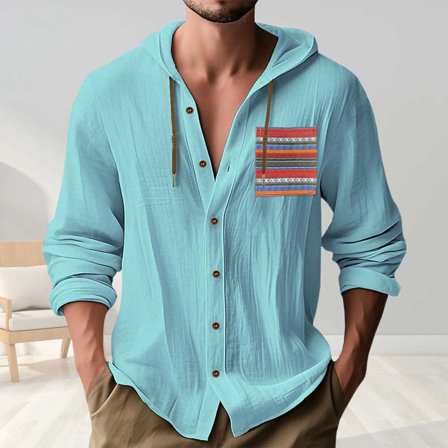 Button Down Shirts Men Funny Boho Print Long Sleeve Cotton Hoodies Lightweight Casual Beach Vacation Hawaiian Tee Top