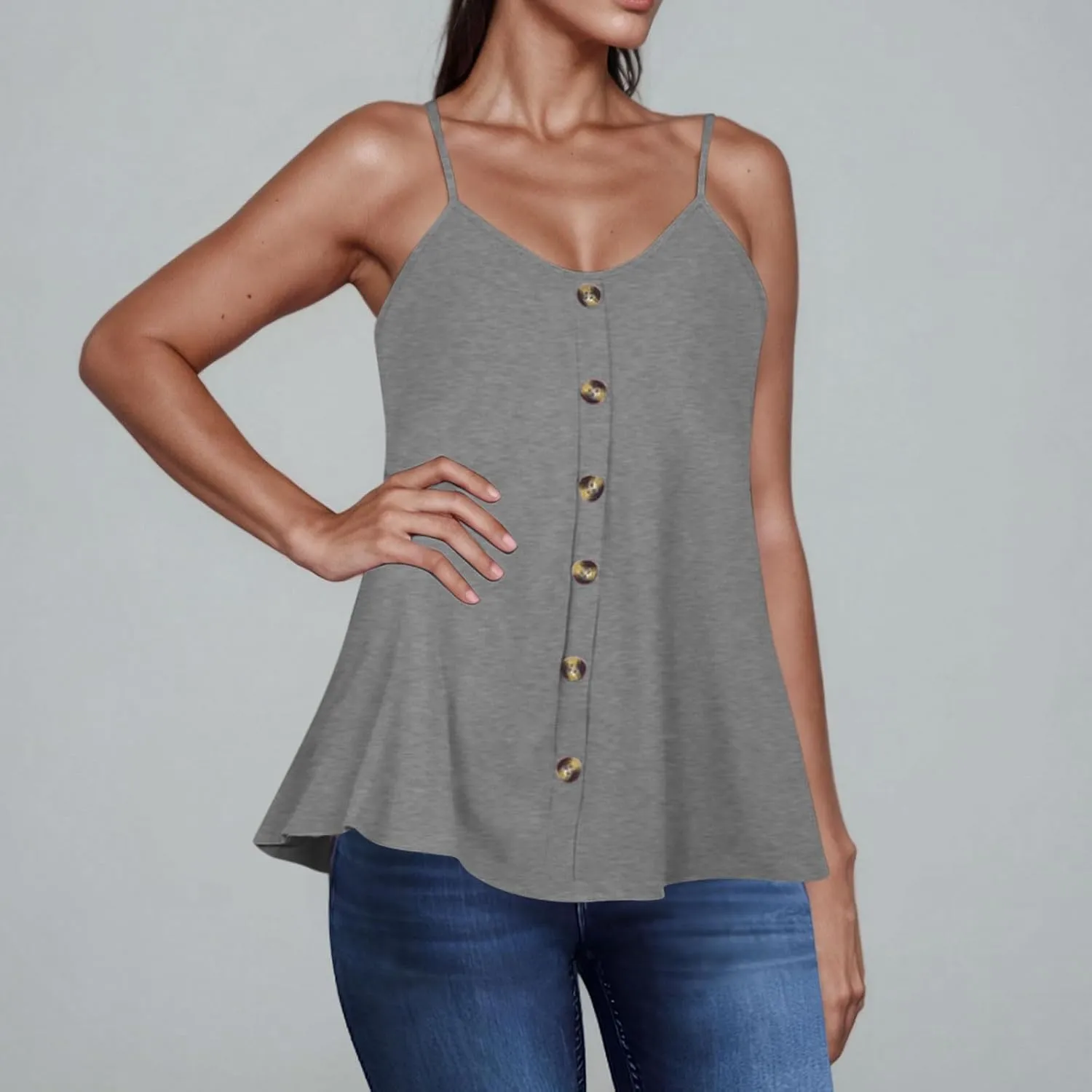 Cami Tank Tops for Women Swing Flowy Spaghetti Strap Tanks Button Down Sleeveless Trending T-Shirts Blouses Tees