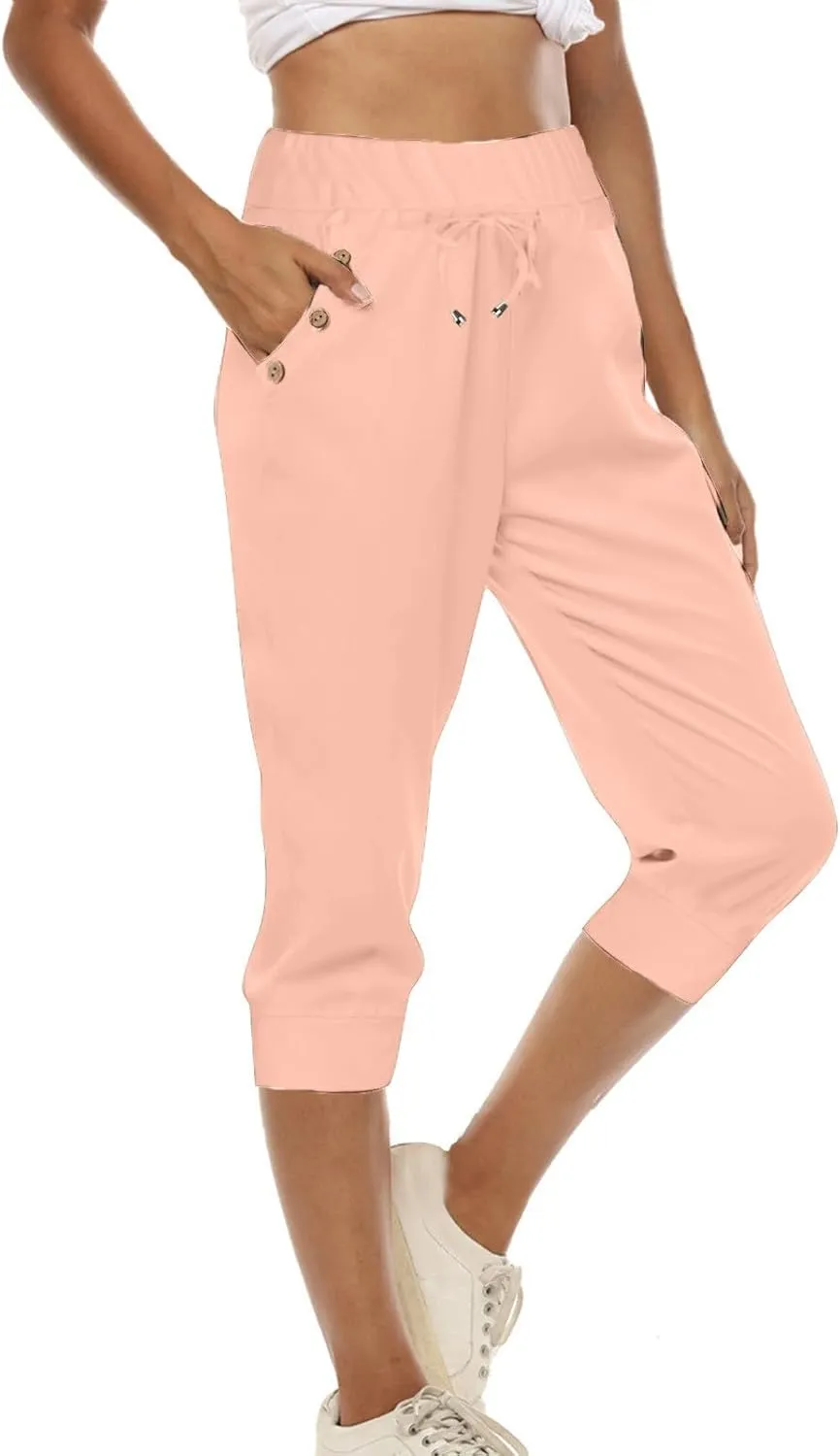 Capri Pants for Women High Waisted Drawstring Hiking Pants Stretch Lightweight Joggers Casual Cropped Trousers with Pockets