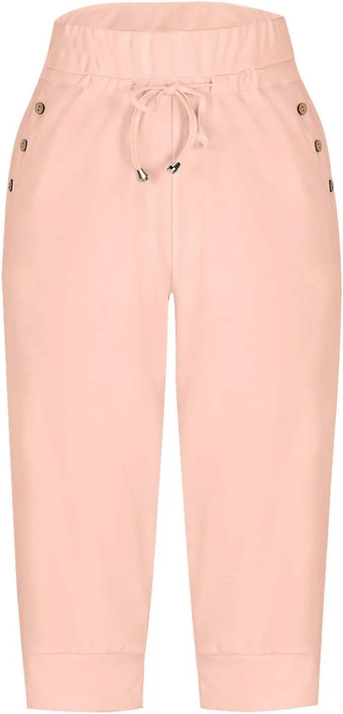 Capri Pants for Women High Waisted Drawstring Hiking Pants Stretch Lightweight Joggers Casual Cropped Trousers with Pockets