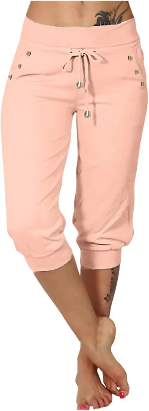 Capri Pants for Women High Waisted Drawstring Hiking Pants Stretch Lightweight Joggers Casual Cropped Trousers with Pockets