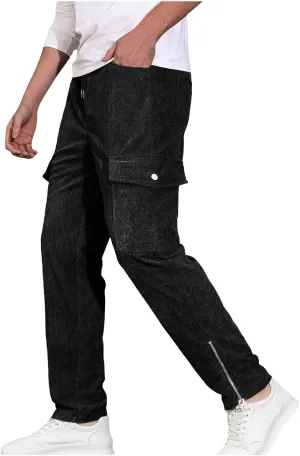Cargo Pants for Men Trendy Solid Color Corduroy Pants Elastic Waist Drawstring Hiking Pants Classic-Fit Outdoors Pants