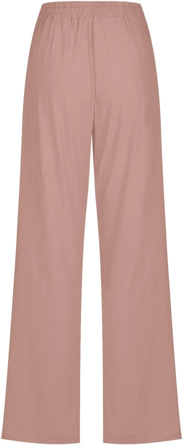 Casual Cotton Linen Pants for Women Lightweight Plus Size Summer Wide Leg Sweatpants Elastic Waist Long Trousers