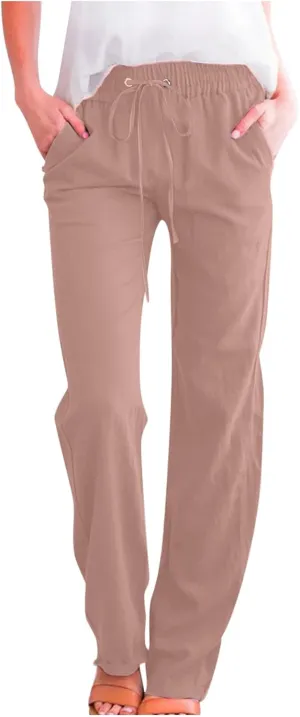 Casual Cotton Linen Pants for Women Lightweight Plus Size Summer Wide Leg Sweatpants Elastic Waist Long Trousers