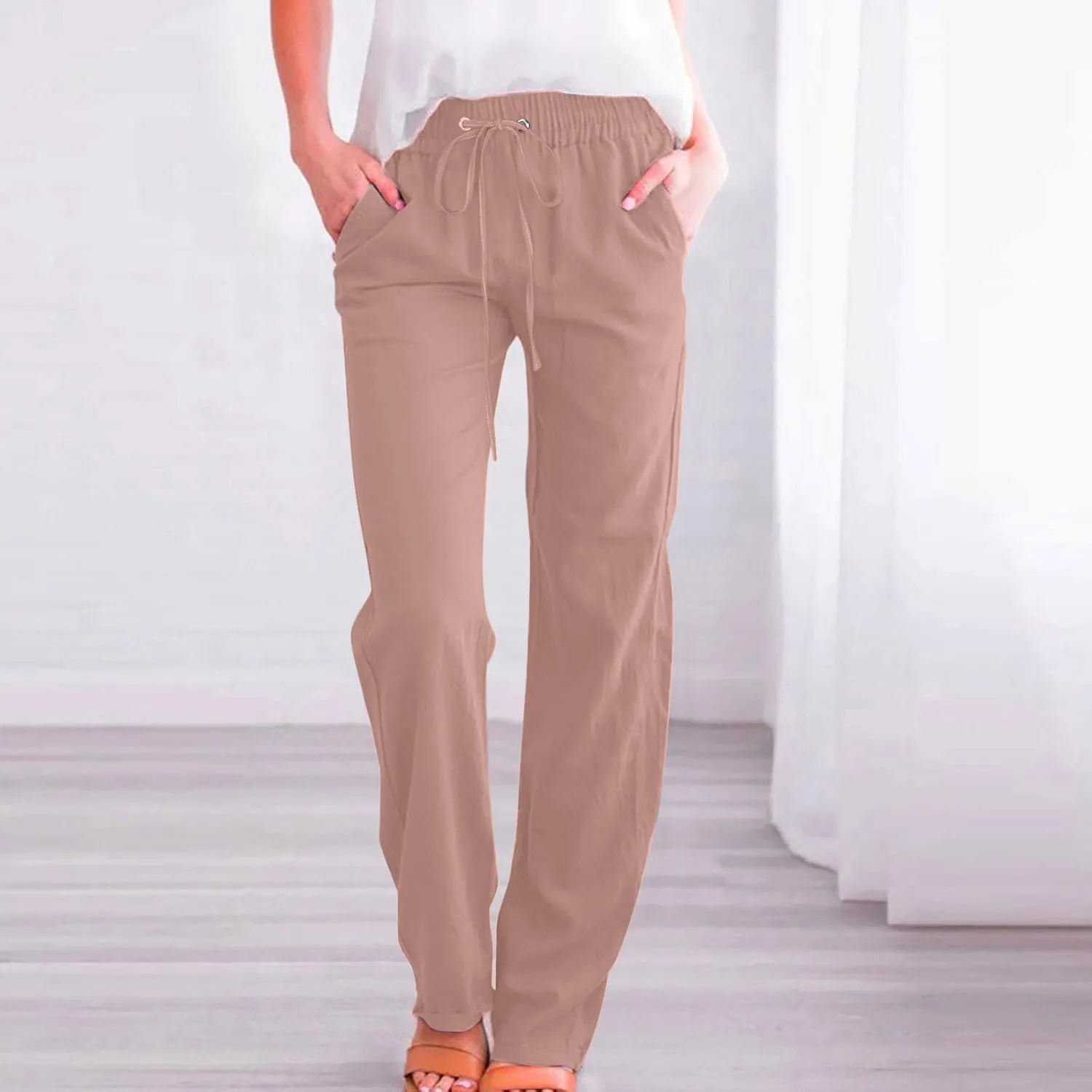 Casual Cotton Linen Pants for Women Lightweight Plus Size Summer Wide Leg Sweatpants Elastic Waist Long Trousers