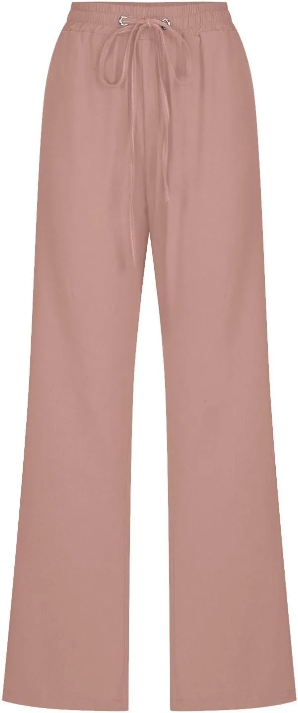Casual Cotton Linen Pants for Women Lightweight Plus Size Summer Wide Leg Sweatpants Elastic Waist Long Trousers