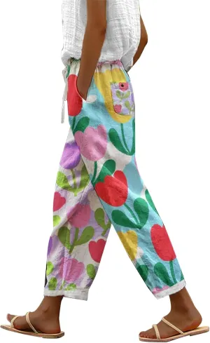 Casual Drawstring Beach Pants Floral Printed Loose Fit Trousers with Pockets Plus Size Wide Leg Pants for Women