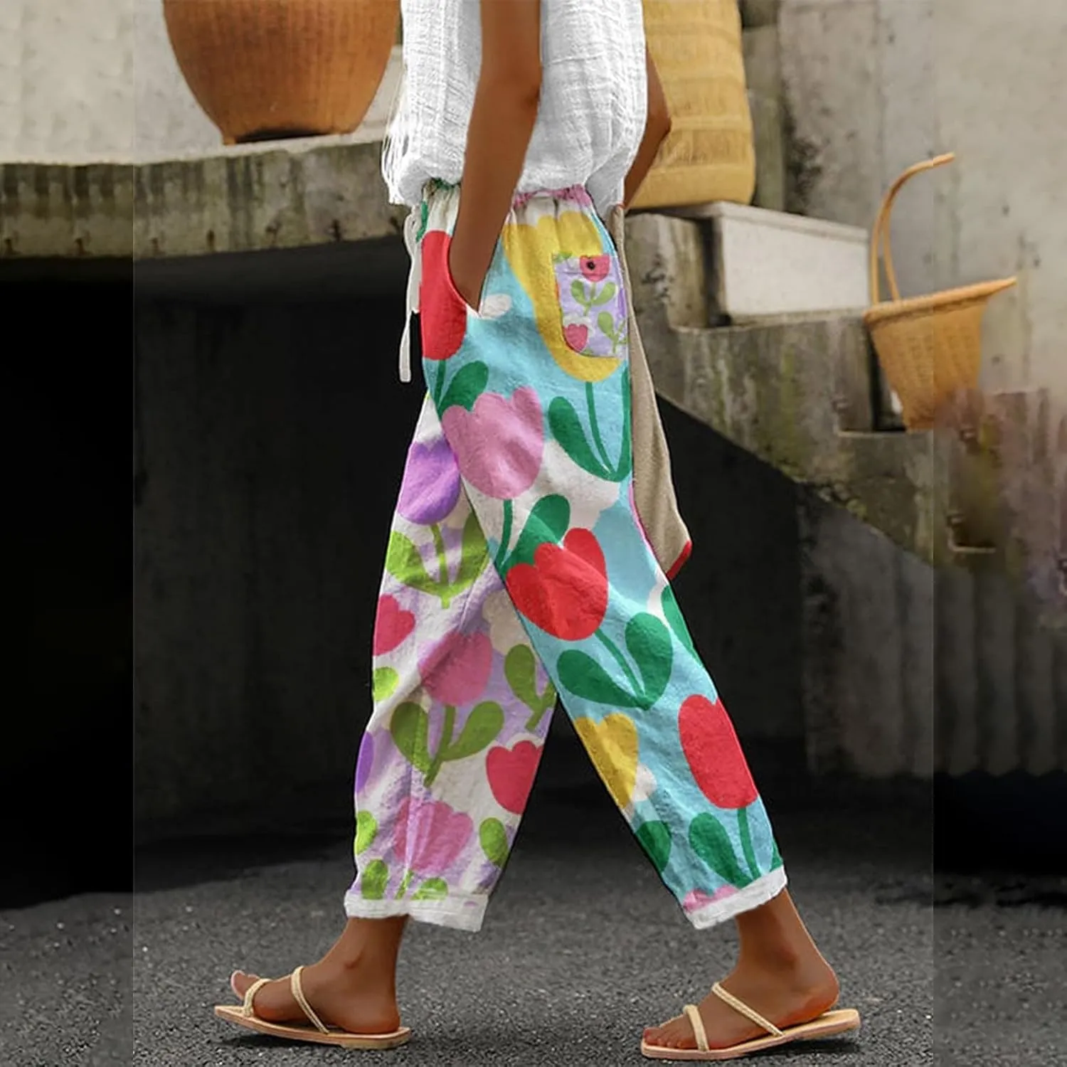 Casual Drawstring Beach Pants Floral Printed Loose Fit Trousers with Pockets Plus Size Wide Leg Pants for Women