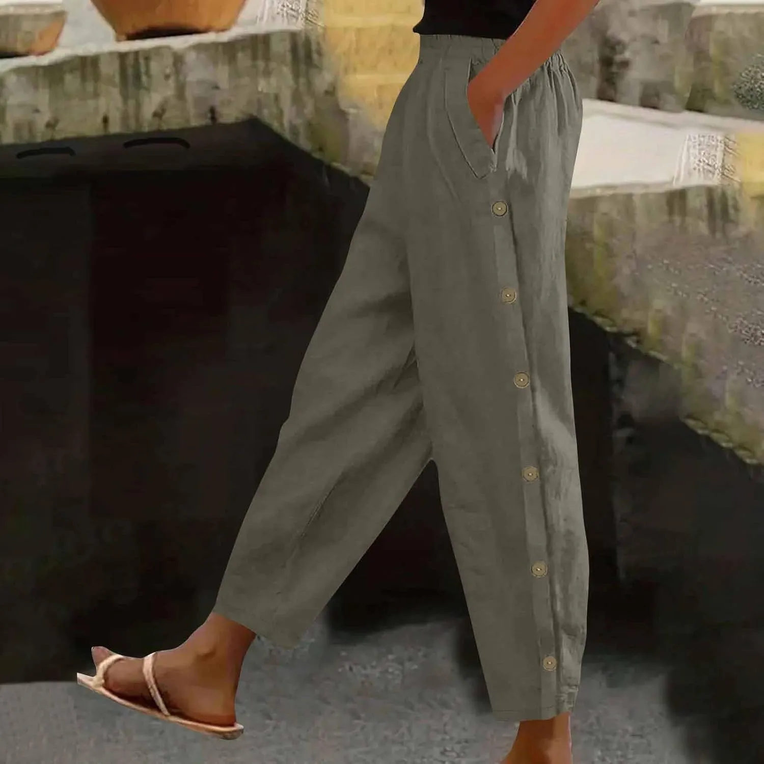Casual Pants for Women Cotton Linen Harem Pants Elastic High Waist Pants Loose Fit Pants Summer Beach Pants Pockets