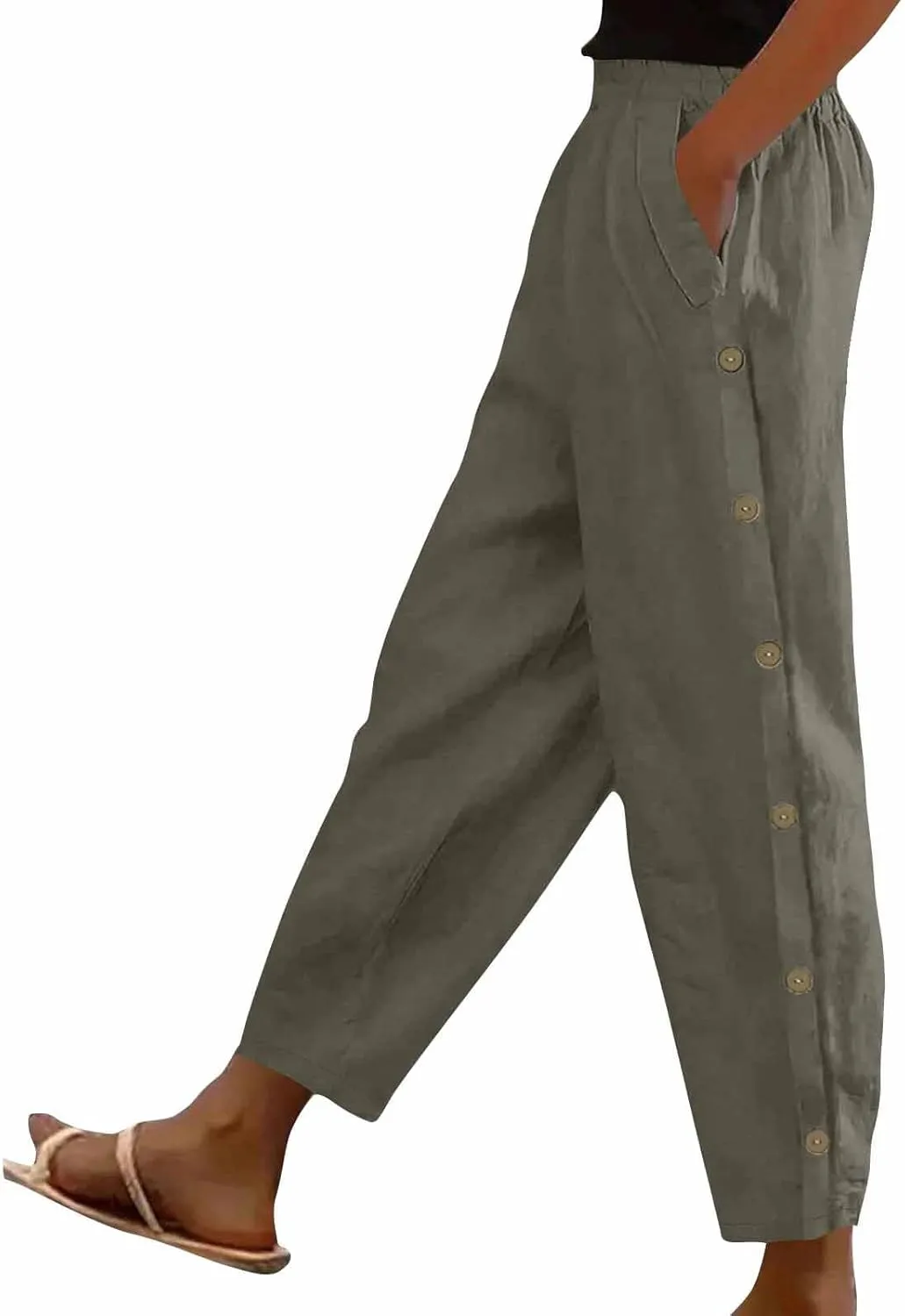 Casual Pants for Women Cotton Linen Harem Pants Elastic High Waist Pants Loose Fit Pants Summer Beach Pants Pockets