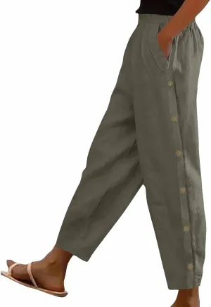 Casual Pants for Women Cotton Linen Harem Pants Elastic High Waist Pants Loose Fit Pants Summer Beach Pants Pockets