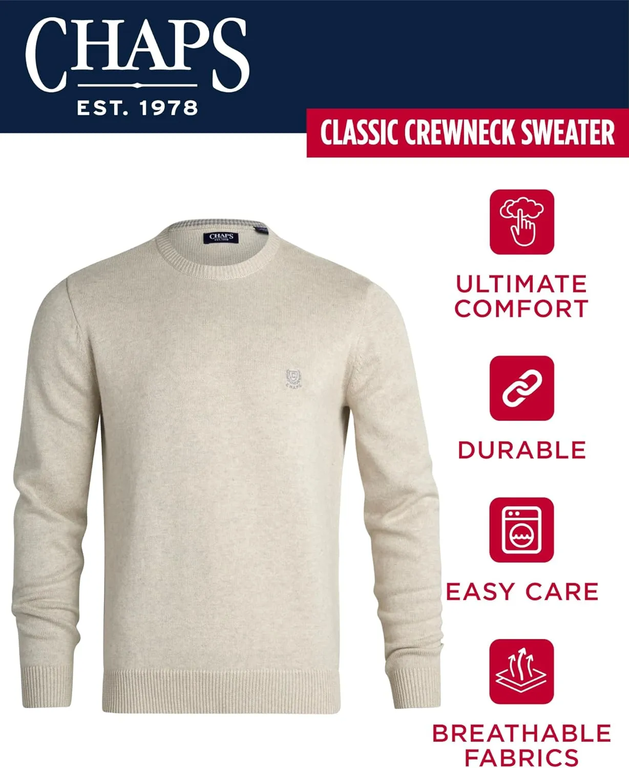 Chaps Men's Sweater - Heavyweight Classic Fit Knitted Cotton Crewneck Pullover Sweater for Men (Sizes: S-2XL)