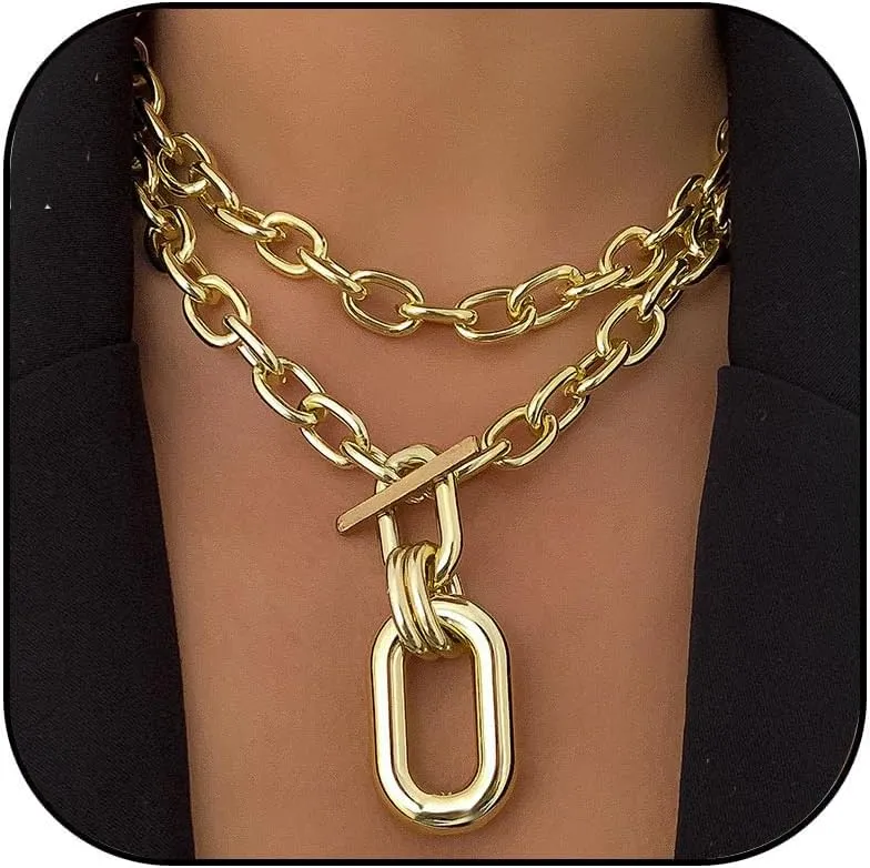 Chunky Choker Necklaces for Women 14K Gold Plated Layered Necklace Punk Thick Chain Necklace Dainty Round Pendant Toggle Necklaces Paperclip Necklace Gifts for Women