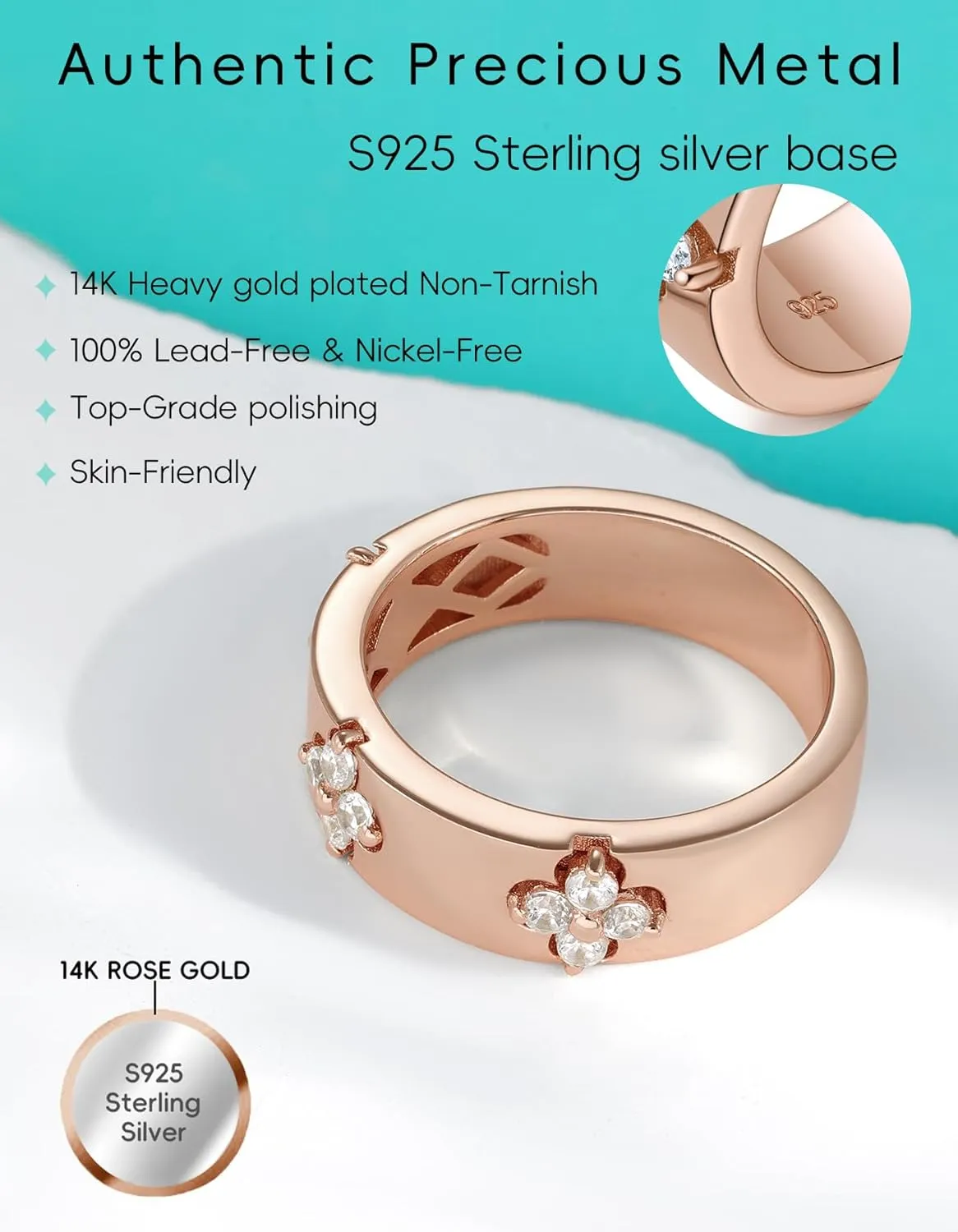 Clover Moissanite Rings for Women Gifts,Premium Moissanite(D Color VVS1 Clarity 3EX Cut), 925 Sterling Silver 14K Gold Plated Non Tarnish