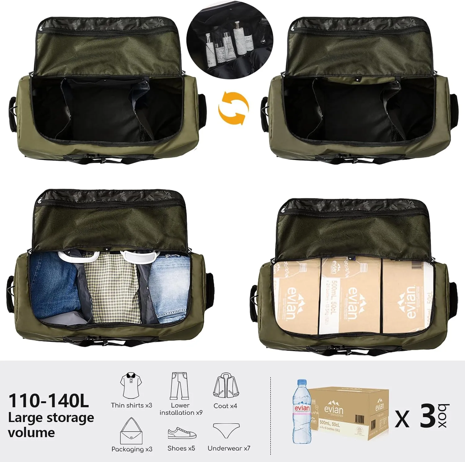 CONTAIL 32" Soft-Sided Rolling Duffle Bag with 2 Wheels,Expandable from 110L to 140L,Foldable Travel Duffel with Multiple Compartments,Army Green
