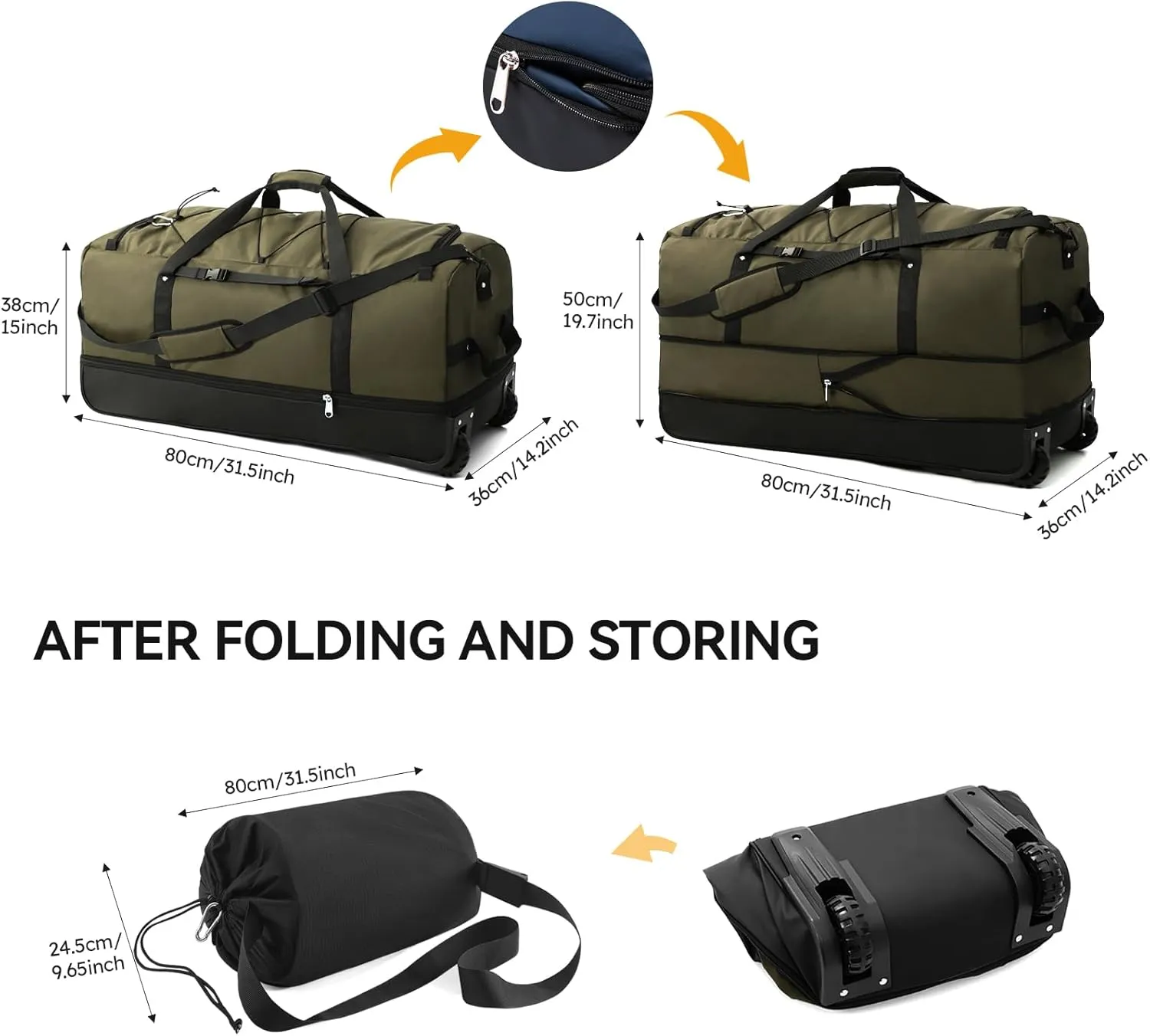 CONTAIL 32" Soft-Sided Rolling Duffle Bag with 2 Wheels,Expandable from 110L to 140L,Foldable Travel Duffel with Multiple Compartments,Army Green