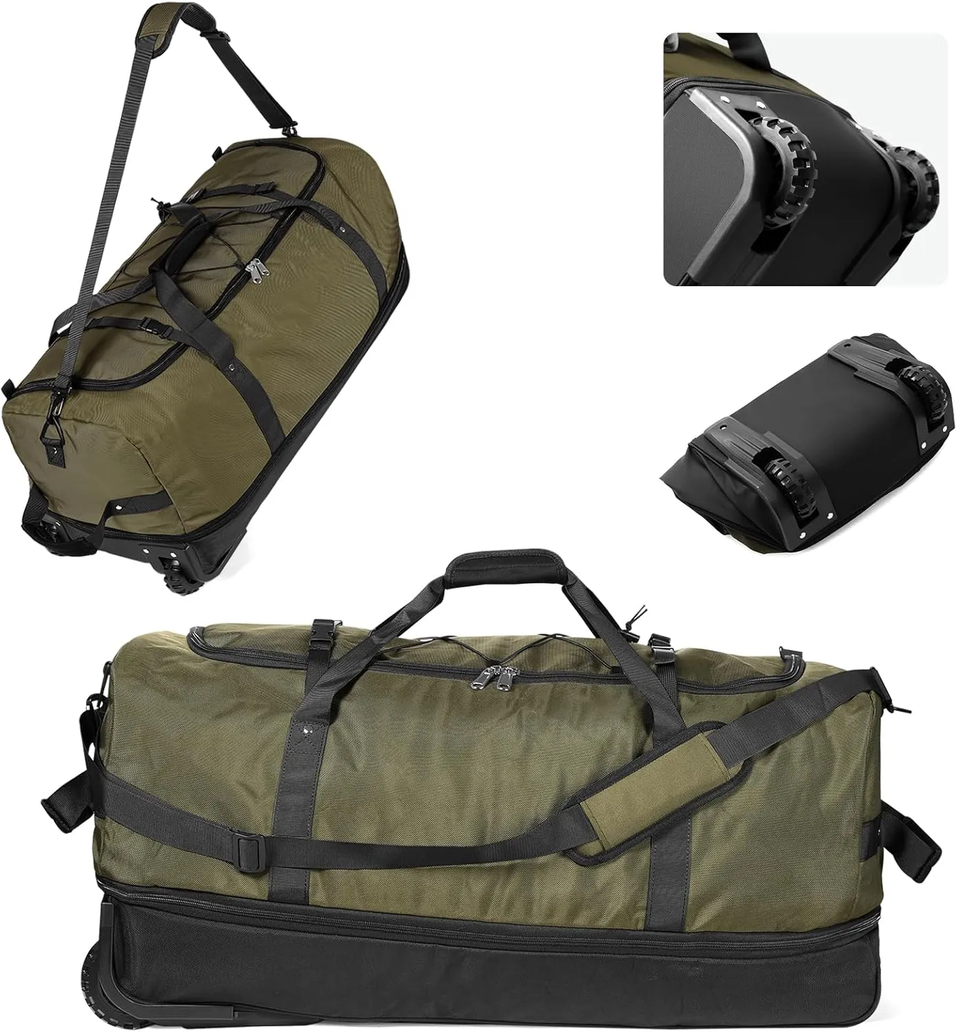 CONTAIL 32" Soft-Sided Rolling Duffle Bag with 2 Wheels,Expandable from 110L to 140L,Foldable Travel Duffel with Multiple Compartments,Army Green