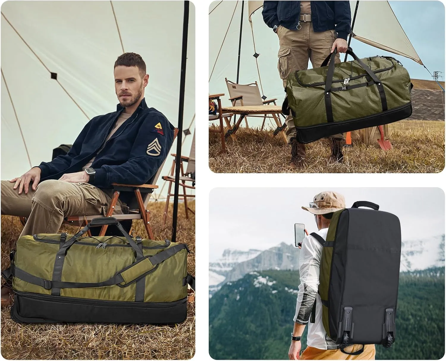 CONTAIL 32" Soft-Sided Rolling Duffle Bag with 2 Wheels,Expandable from 110L to 140L,Foldable Travel Duffel with Multiple Compartments,Army Green