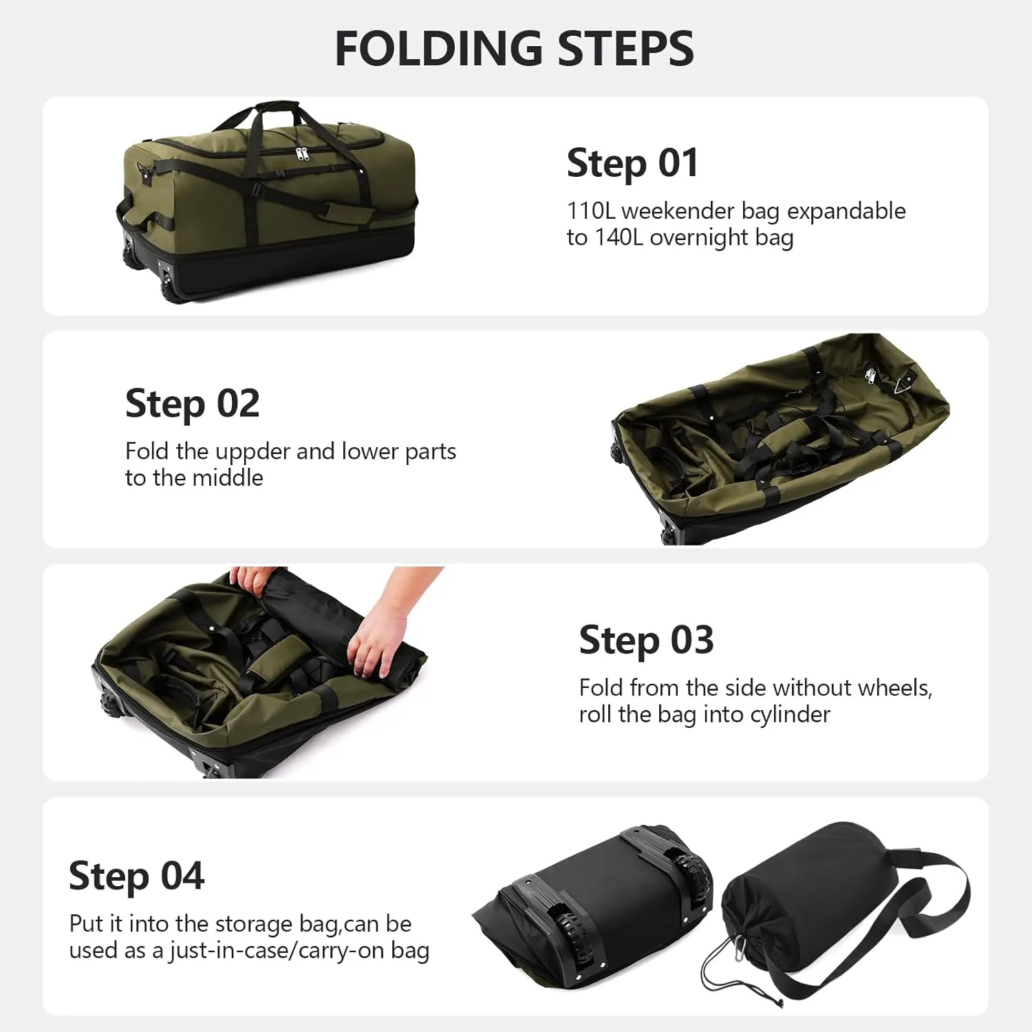 CONTAIL 32" Soft-Sided Rolling Duffle Bag with 2 Wheels,Expandable from 110L to 140L,Foldable Travel Duffel with Multiple Compartments,Army Green