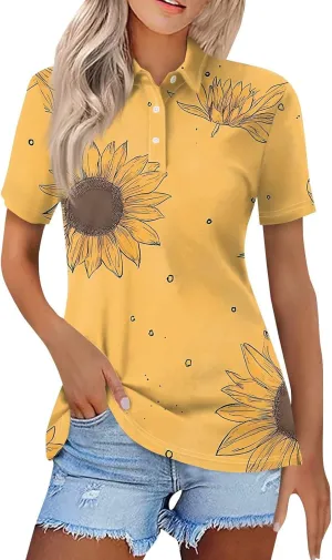COTECRAM Womens Short Sleeve Polo T Shirts Fashion Button Lapel Collared Graphic Summer Tops Loose Business Casual Blouses