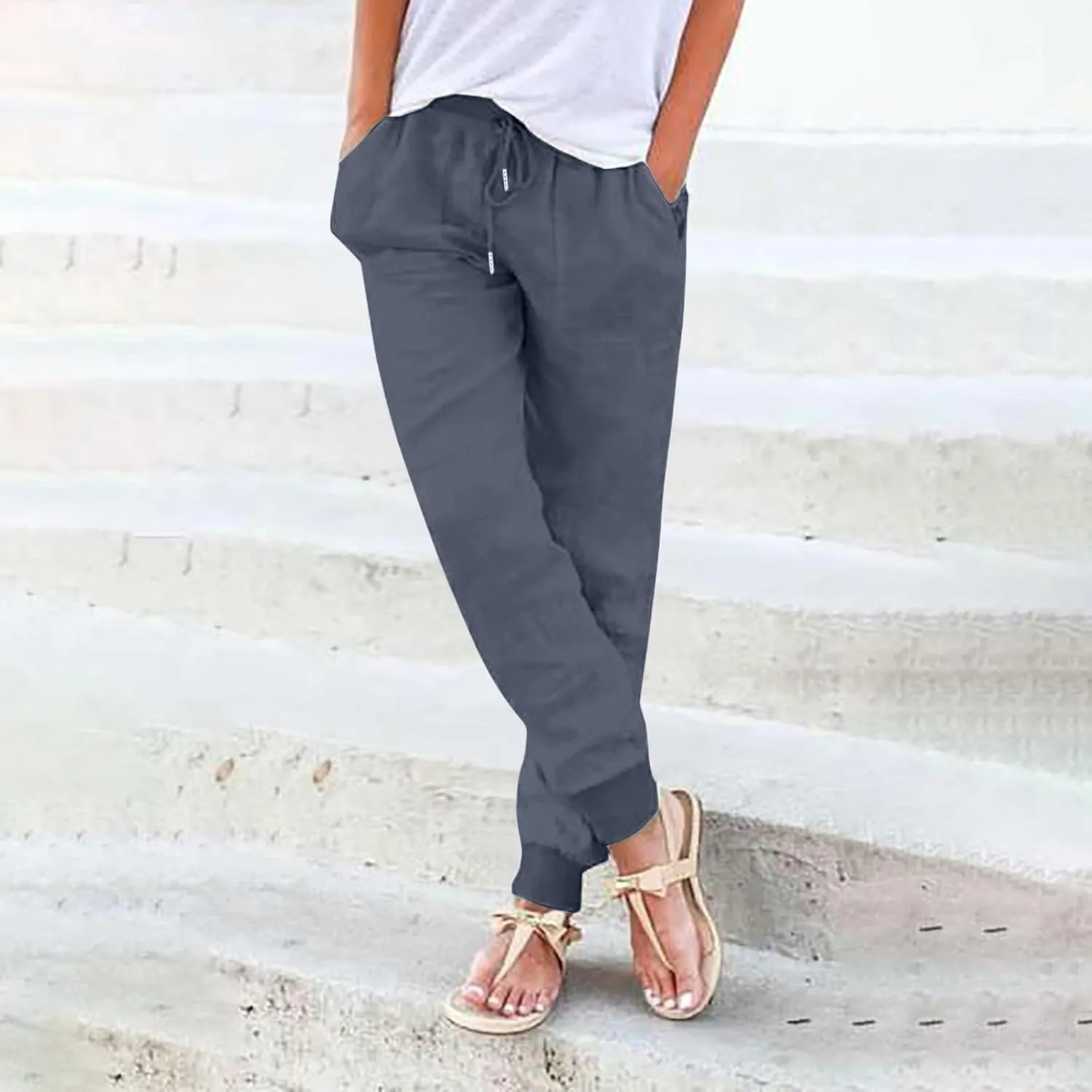 Cotton Linen Jogger Pants for Women Casual Tapered Leg Pleated Comfy Pants Elastic Waist Drawstring Straight Soft Trousers