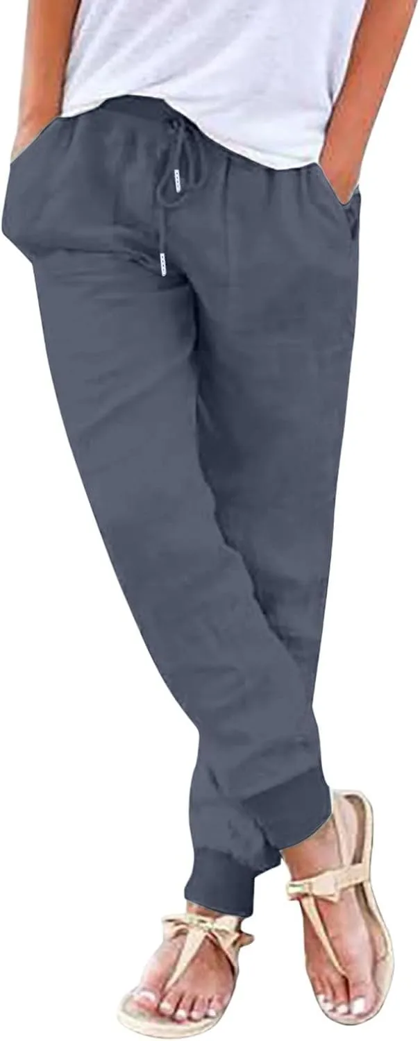 Cotton Linen Jogger Pants for Women Casual Tapered Leg Pleated Comfy Pants Elastic Waist Drawstring Straight Soft Trousers