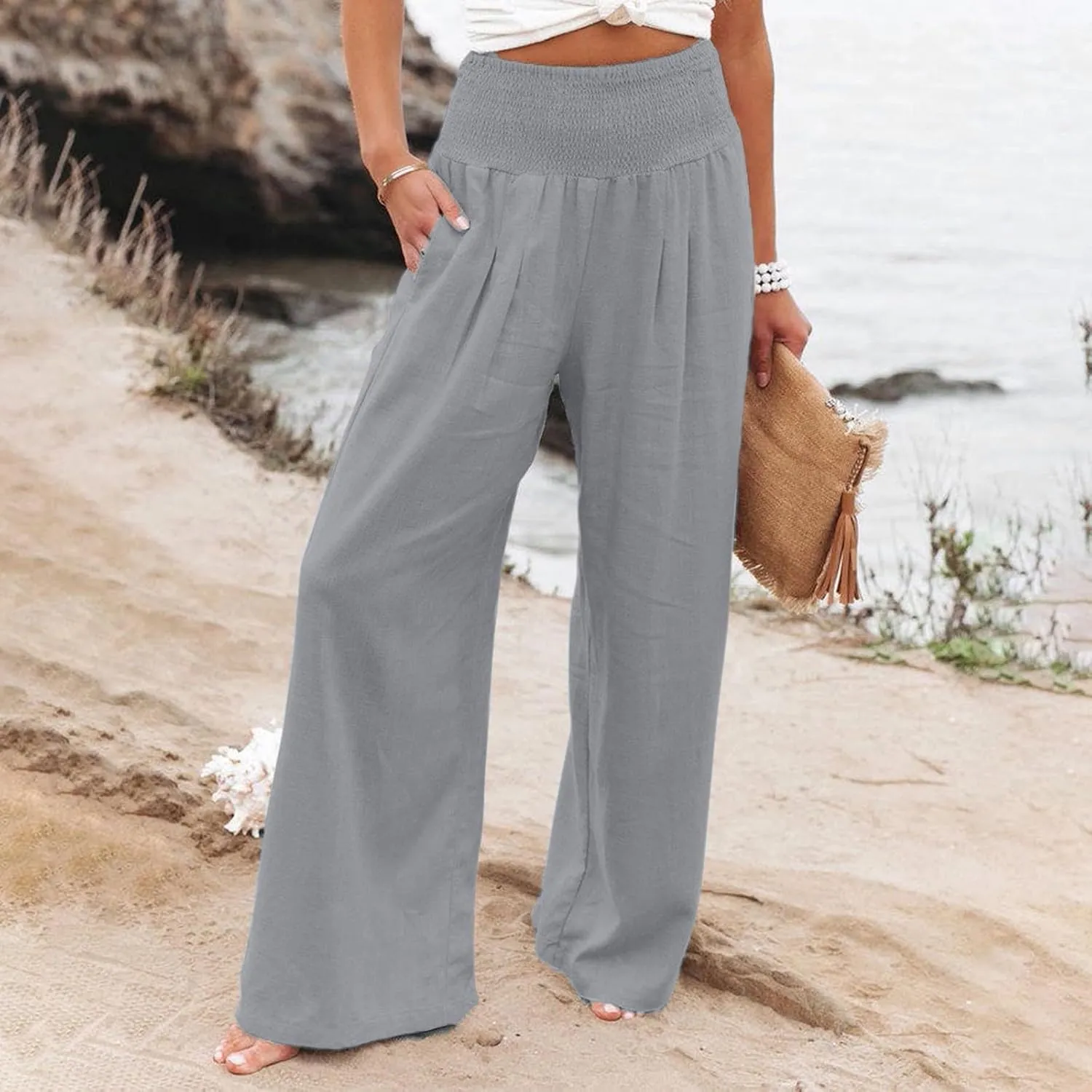 Cotton Linen Pants for Women Loose Summer Elastic Ruched Palazzo Pants 2025 High Rise Beach Solid Pockets Outfit Flowy