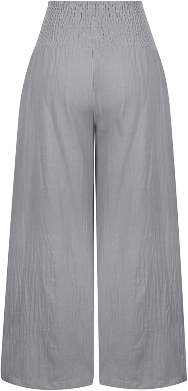 Cotton Linen Pants for Women Loose Summer Elastic Ruched Palazzo Pants 2025 High Rise Beach Solid Pockets Outfit Flowy