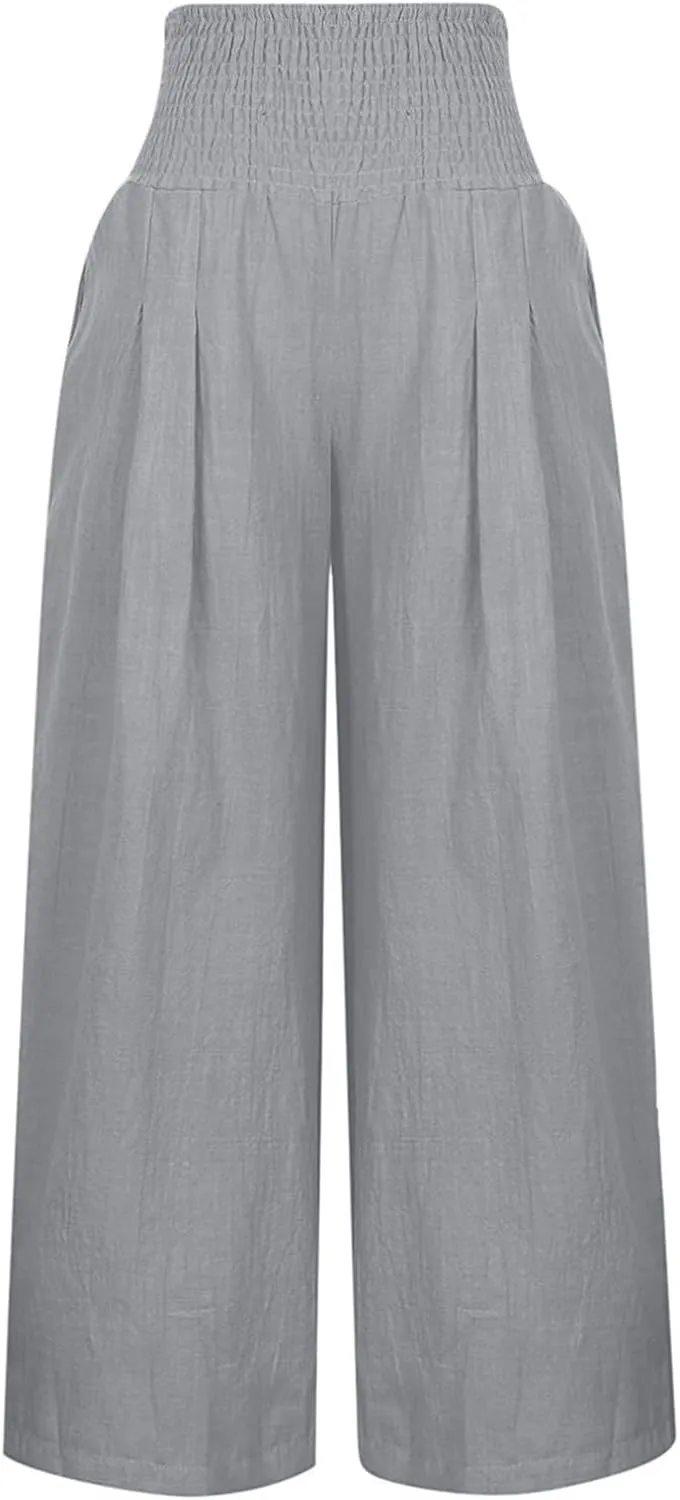 Cotton Linen Pants for Women Loose Summer Elastic Ruched Palazzo Pants 2025 High Rise Beach Solid Pockets Outfit Flowy